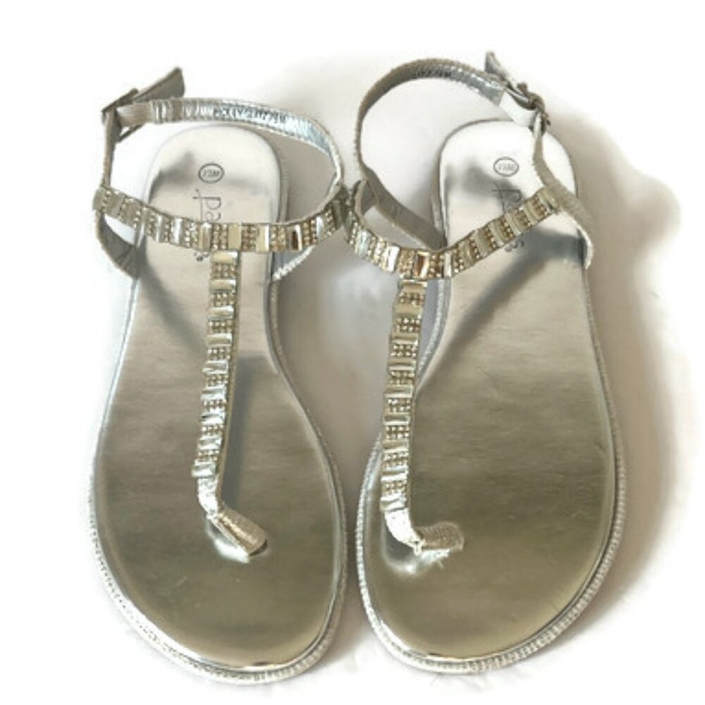 Silver T-Strap Embellished Sandals